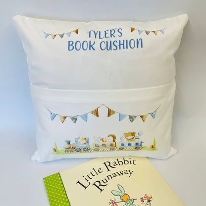 Personalised Little Animals on a Train Children's Book Storage Cushion - Toy Organiser and Comfy Pillow