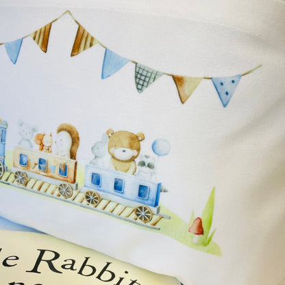 Personalised Little Animals on a Train Children's Book Storage Cushion - Toy Organiser and Comfy Pillow